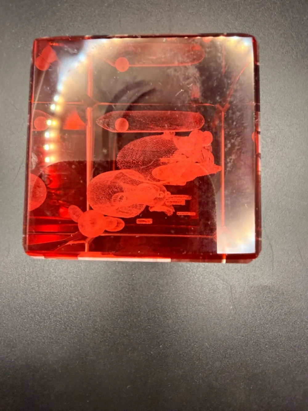 Taos Red and Clear Etched Kokopelli Glass Accent Paperweight 3D